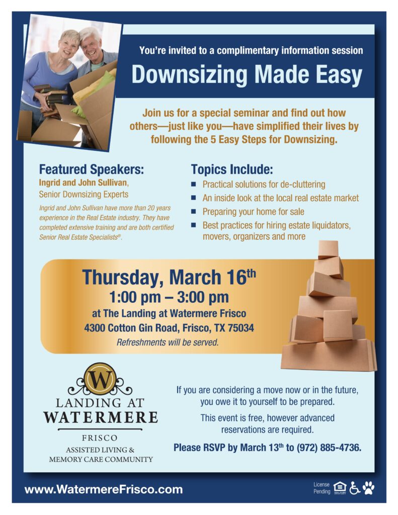 Flyer for Downsizing Seminar at Watermere Frisco