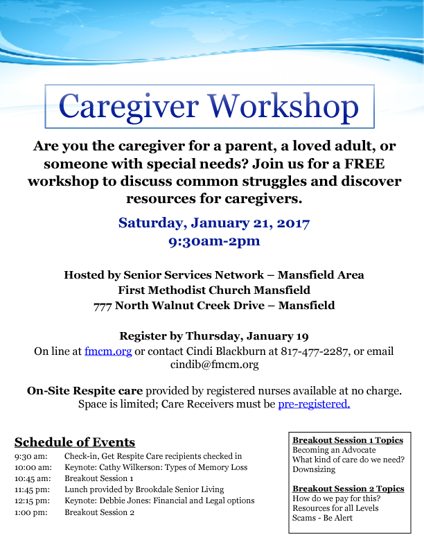 First Methodist Mansfield Caregiver Workshop Flyer 