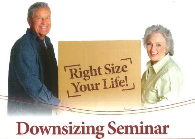 senior couple holds a box that reads "rightsize your life" on the side