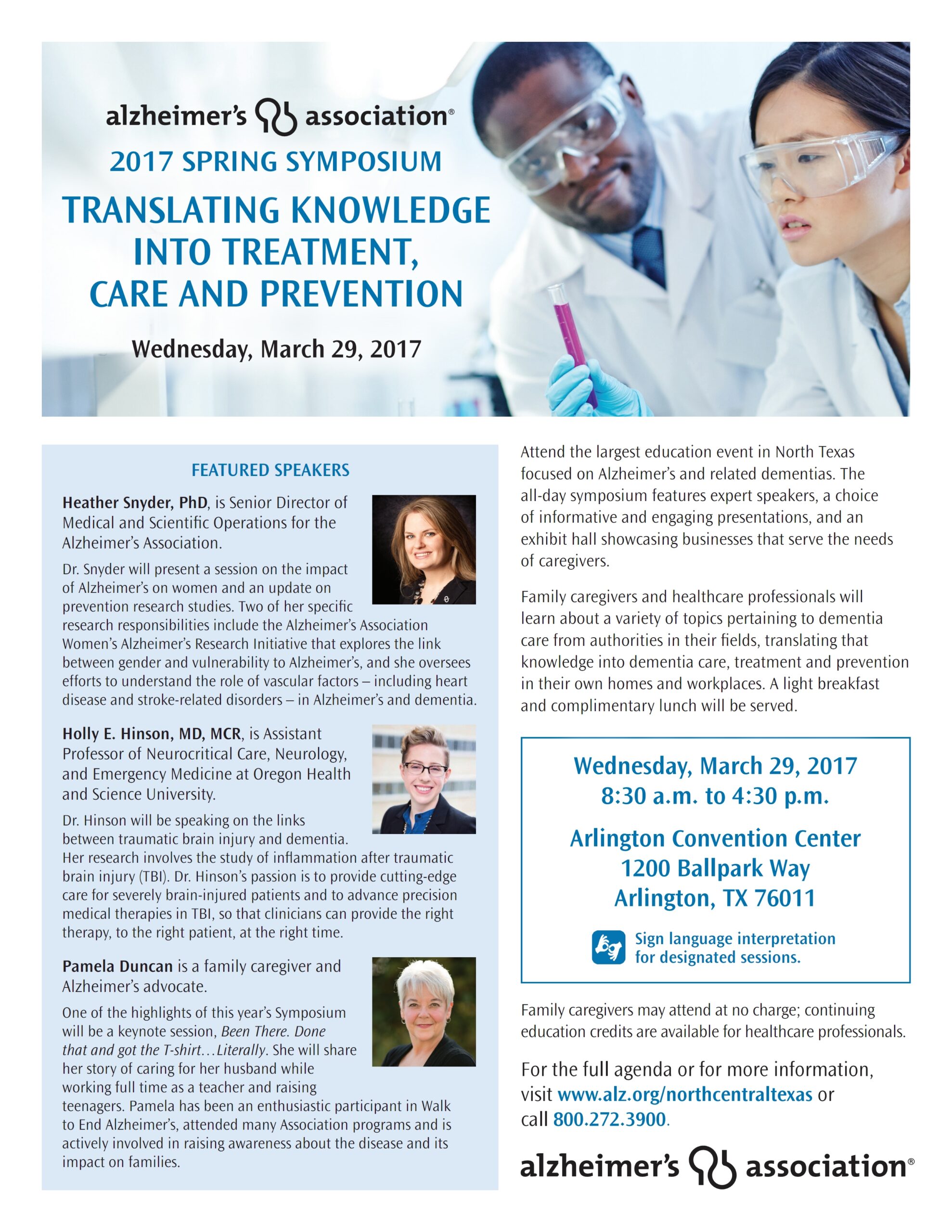 Alzheimer's Association flyer for Translating Knowledge into Treatment, Care and Prevention, Wednesday, March 29, 2017