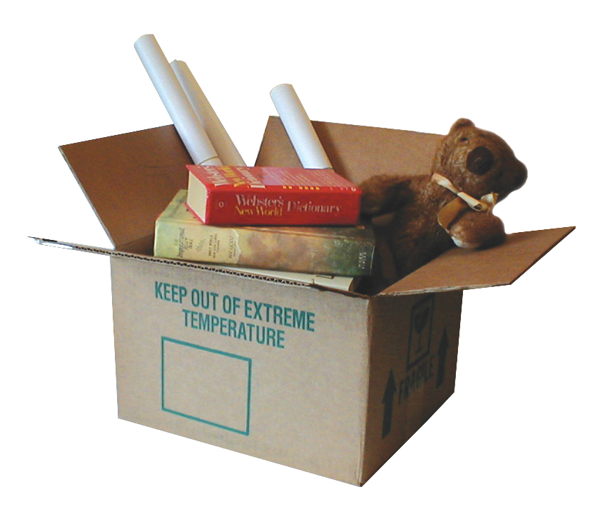 moving box with various items in front of a white background